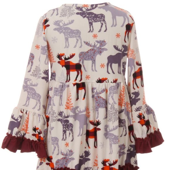 Little Girls Toddler Infant Long Sleeve Multi Reindeers Christmas Girls Dress - Picture 2 of 4